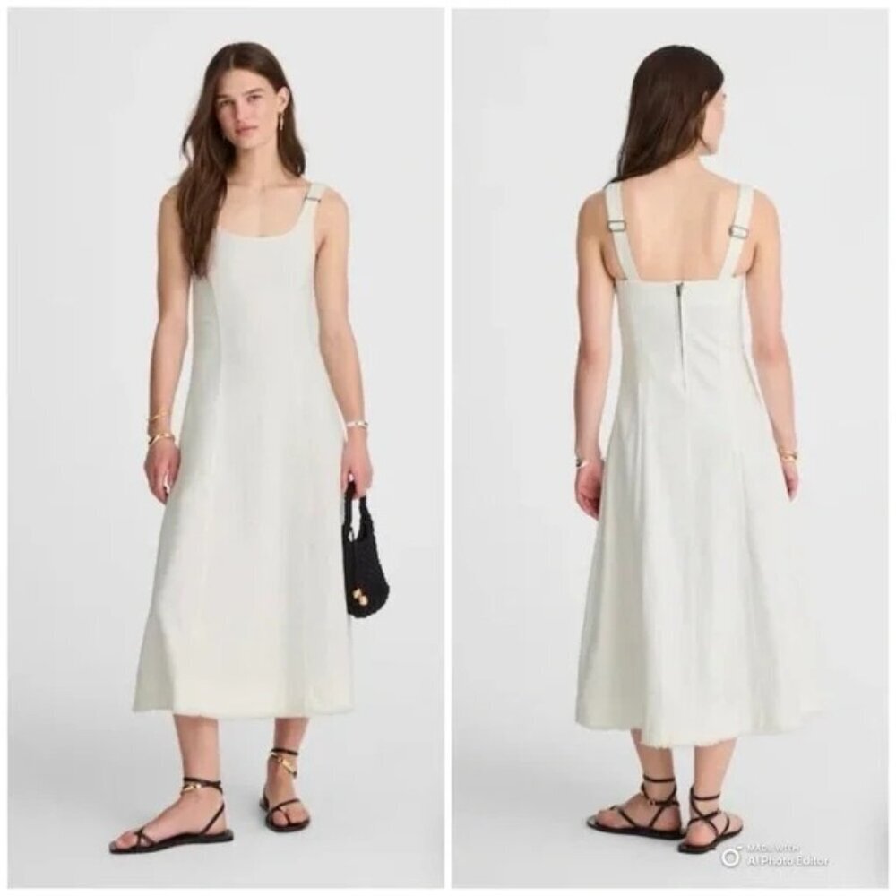 Madewell Denim Scoopneck Midi Dress in Pure White Wash Small buckle Frayed Hem